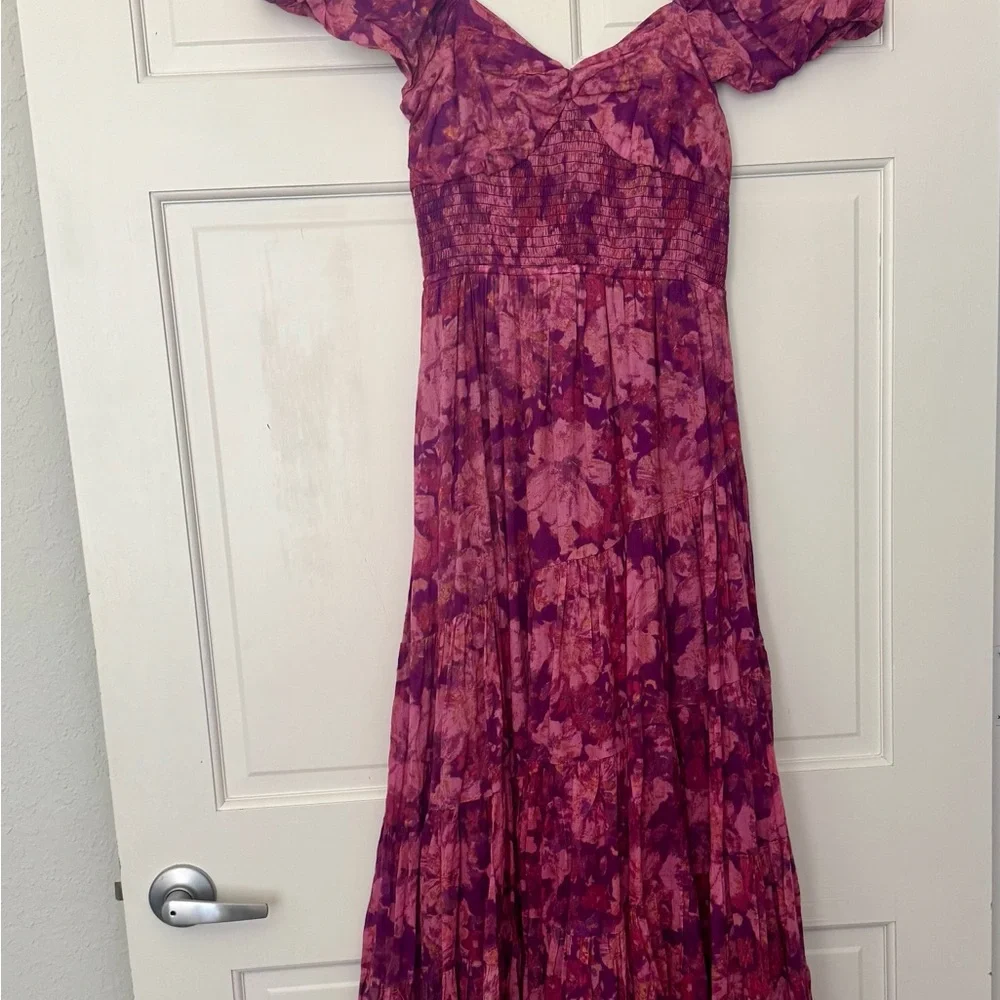 Free People Pink & Purple Floral Puff-Sleeve Tiered Maxi Dress - Picture 2 of 7